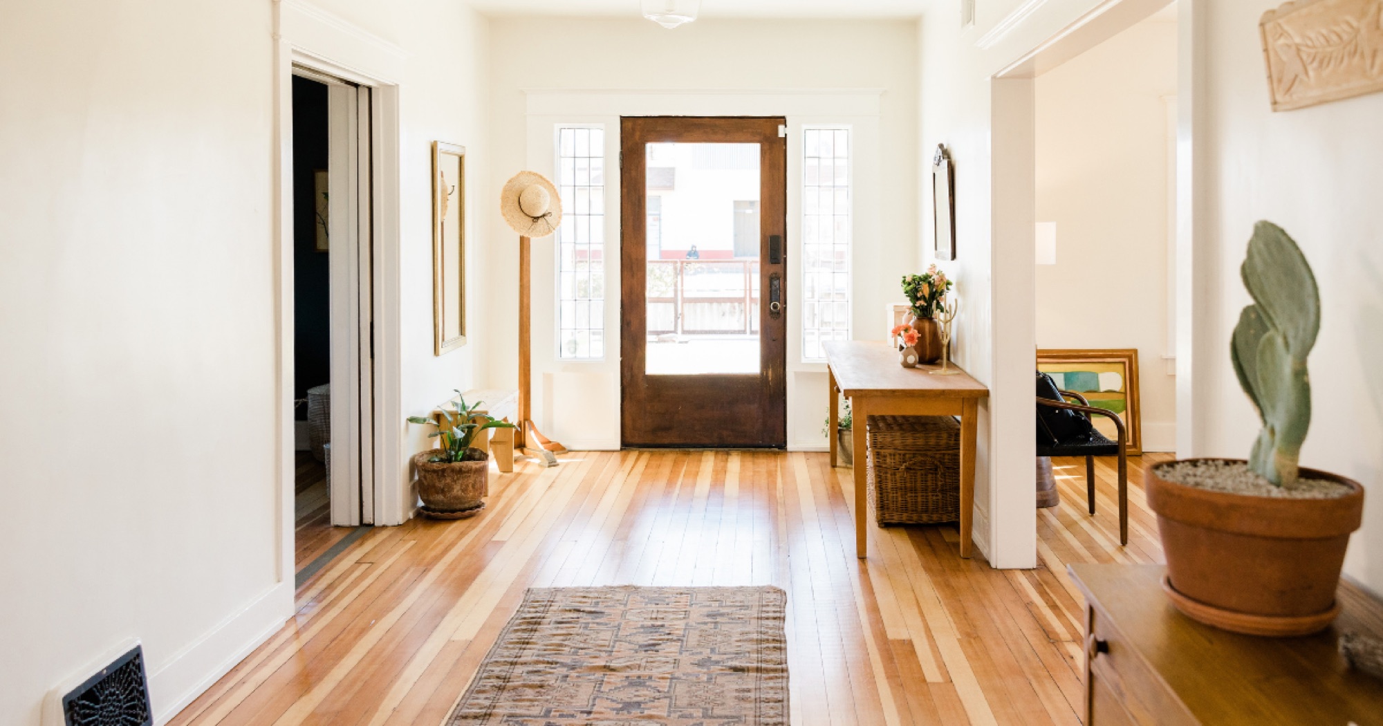 Entrée d’un logement clair : parquet, plantes et tapis dessinent un passage dégagé vers la porte
