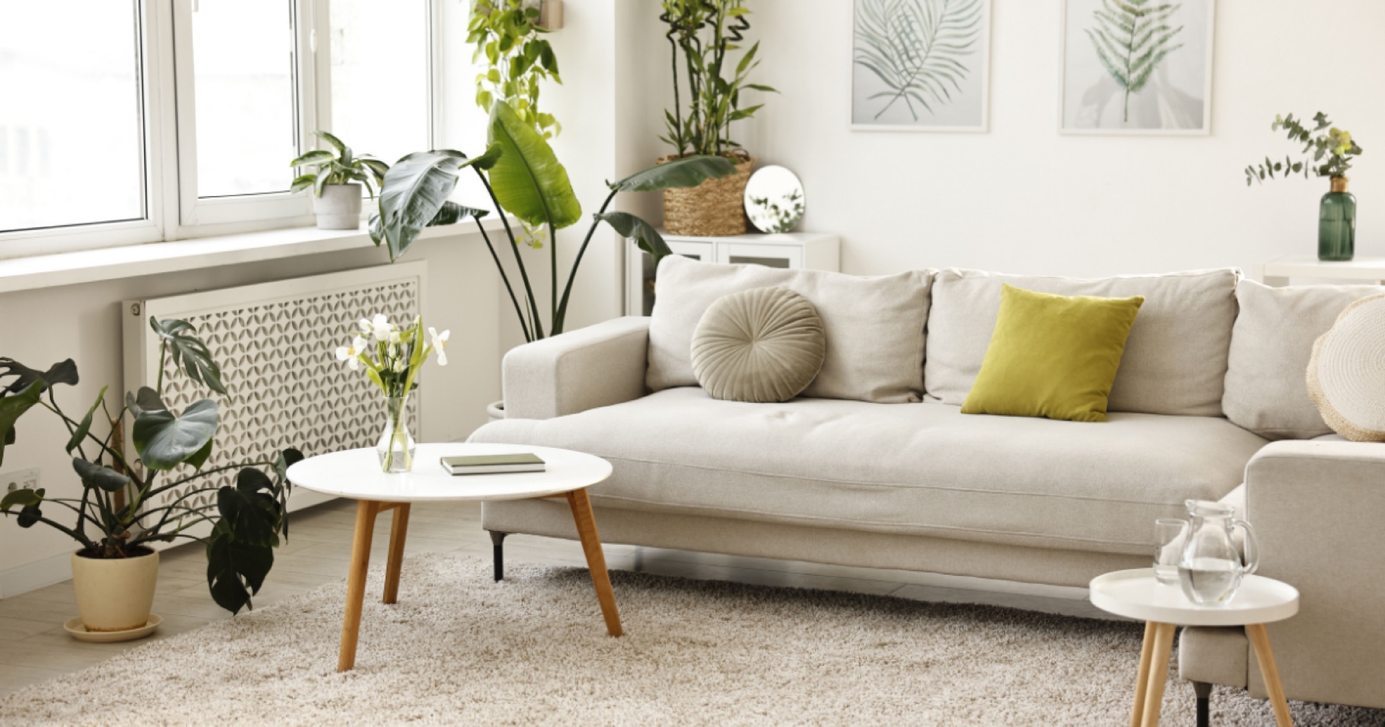 Salon clair avec canapé beige, table basse ronde, tapis et plantes vertes devant une fenêtre